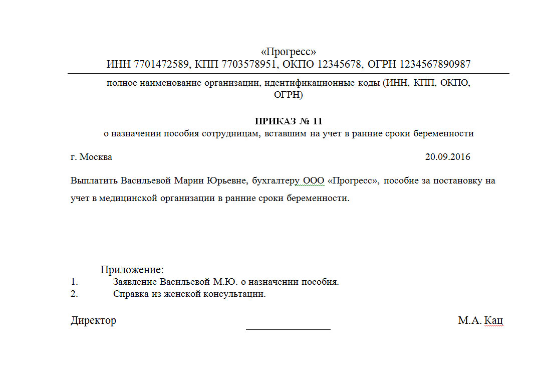 Приказ на выплату единовременного пособия при рождении ребенка 2022 образец