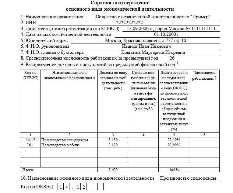 Заявление о подтверждении основного вида экономической деятельности образец